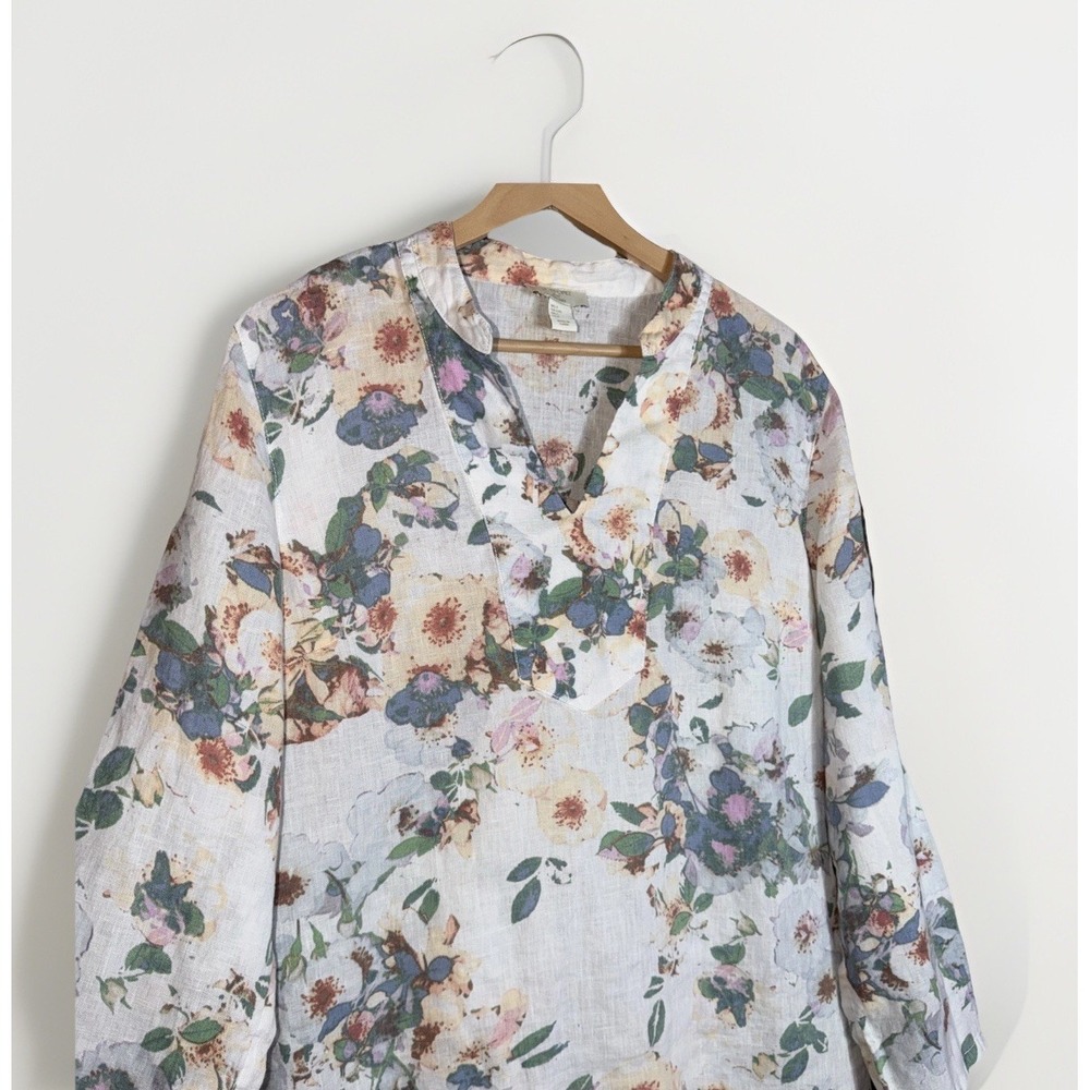 St. Tropez West Floral Print 100% Linen V-Neck Top Size Large Long Sleeve